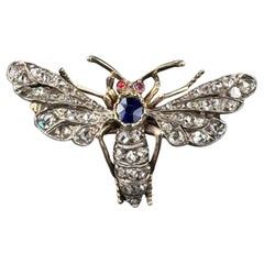 Antique 19ème siècle Saphir Rubis Diamant Abeille Insecte Animal Broche Argent Or