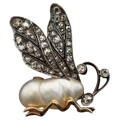 Antiguo Siglo XIX Barroco Perla Diamante Insecto Abeja Broche Plata Oro