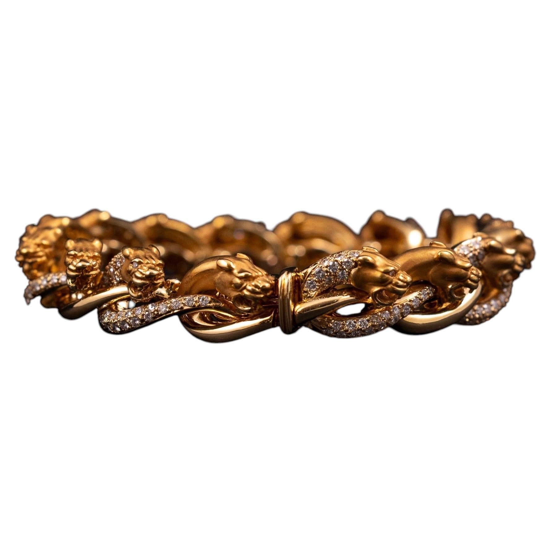 Pre-owned Carrera Y Carrera Vintage Panther Diamond Bracelet 18k Yellow Gold Spain 1980s