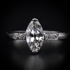 Art Deco Moval Marquise Old Brilliant-Cut Diamond Platinum 1930s Solitaire Ring