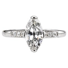 Art Deco Moval Marquise Old Brilliant-Cut Diamond Platinum 1930s Solitaire Ring