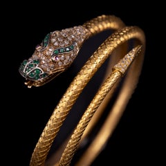 Vintage Dragon Emerald Ruby Diamond 19.2K Yellow Gold Bangle Portuguese 1950s