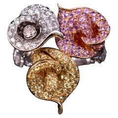 Vintage Pink Yellow Sapphire Diamond Floral Flower Tricolor Gold Cocktail Ring