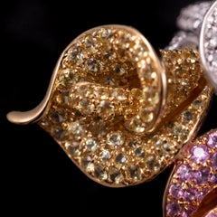 Vintage Pink Yellow Sapphire Diamond Floral Flower Tricolor Gold Cocktail Ring