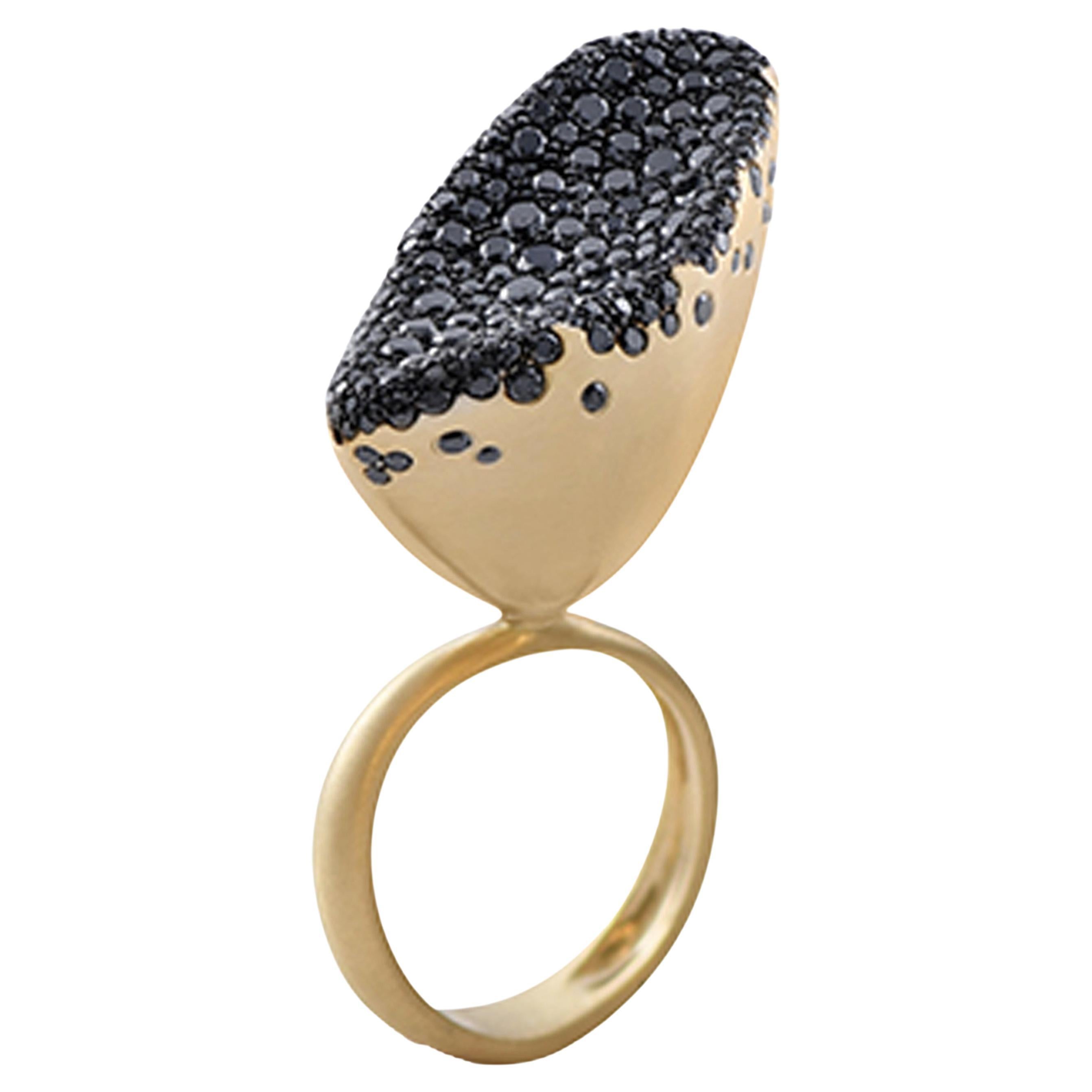 Nada Gazal’s 18k Gold Black Diamond Baby Malak Flourish Caviar Big Marquise Ring For Sale