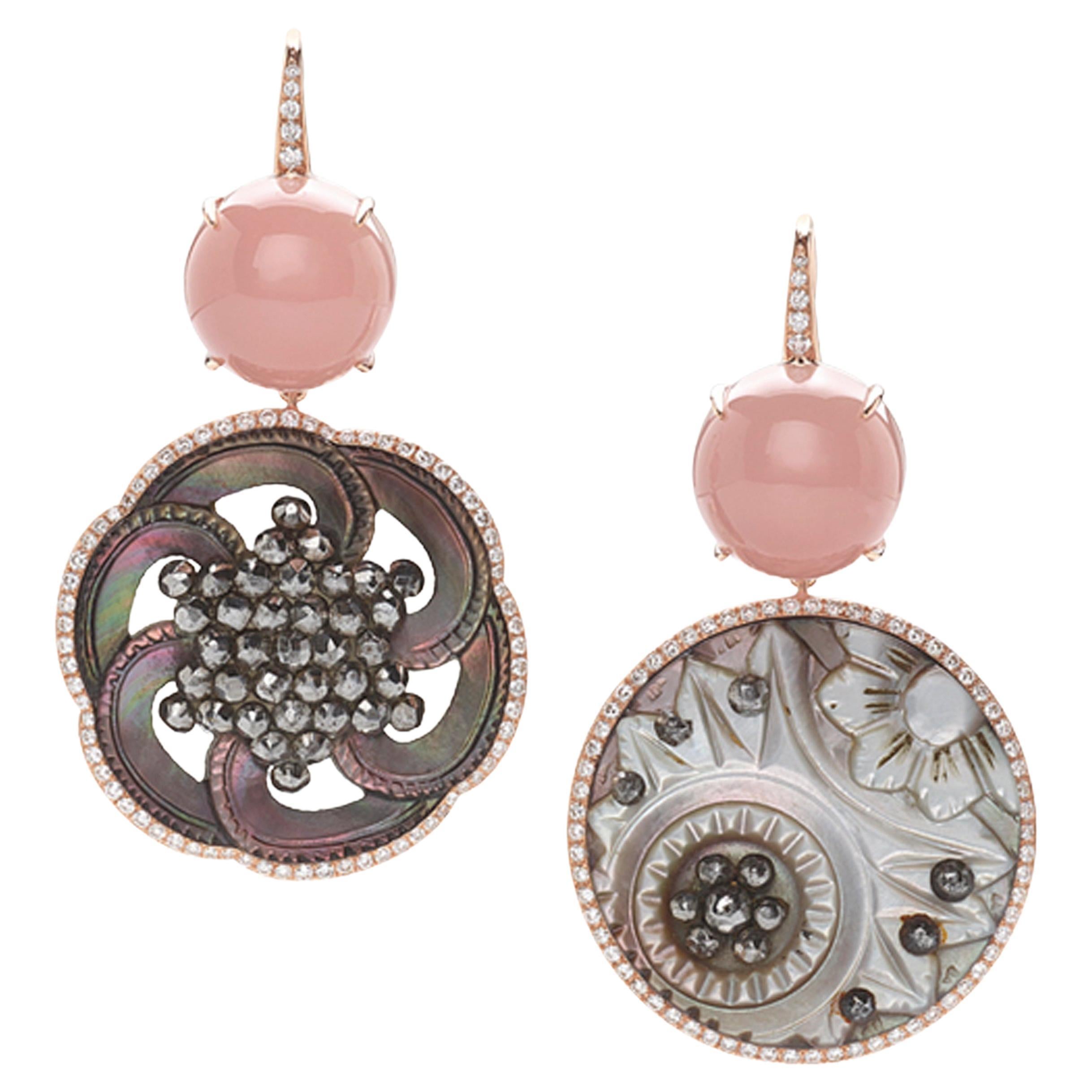 Francesca Villa's Asymmetric 18k Gold Quartz Diamond Button Chic Pink Earrings For Sale
