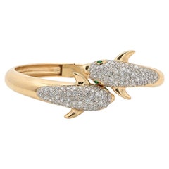 14k Gold Bypass Dolphin Hinged Bangle Bracelet Emerald Eyes & Pave Diamond Body