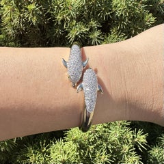 14k Gold Bypass Dolphin Hinged Bangle Bracelet Emerald Eyes & Pave Diamond Body