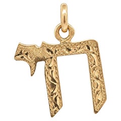 Antique 14k Yellow Gold Hand Engraved Work Hebrew Chai Charm Pendant