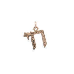 Antique 14k Yellow Gold Hand Engraved Work Hebrew Chai Charm Pendant