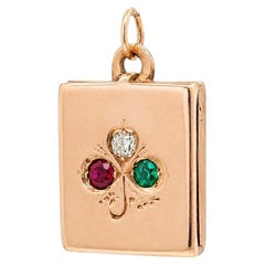 Victorian Gold Diamond Red Green Stones Clover Monogrammed Locket Pendant