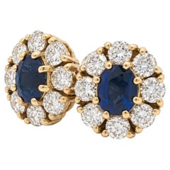 18k Yellow Gold GIA 2.85ctw Oval Royal Blue Sapphire Diamond Halo Stud Earrings