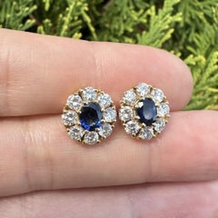 18k Yellow Gold GIA 2.85ctw Oval Royal Blue Sapphire Diamond Halo Stud Earrings