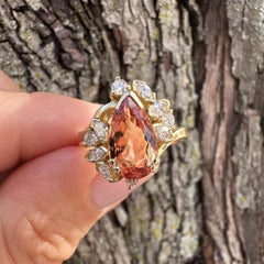 18k Yellow Gold GIA Pear Precious Orange Topaz w/ Diamond Spray Ring