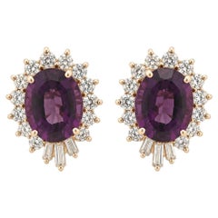 14k Yellow Gold Oval Amethyst Diamond Frame Well Made Omega Back Earrings