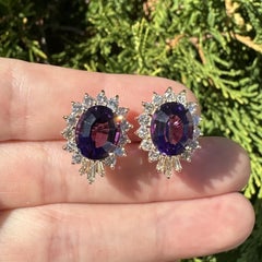 14k Yellow Gold Oval Amethyst Diamond Frame Well Made Omega Back Earrings