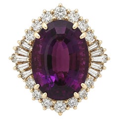 14k Yellow Gold Oval Step Cut Deep Purple Amethyst Baguette & Round Diamond Ring