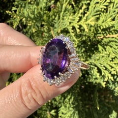 14k Yellow Gold Oval Step Cut Deep Purple Amethyst Baguette & Round Diamond Ring
