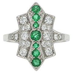 Vintage English 18k White Gold .60ctw Old Diamond w/ Emerald Dinner Ring