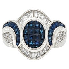 Platinum 3.51ctw Invisible French Cut Sapphire w/ Round & Baguette Diamond Ring