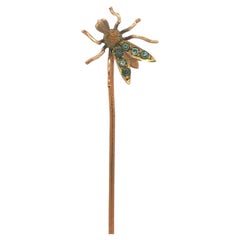 Antique Victorian 10k Yellow Gold Old Mine Cut Glass Fly Insect Stick Pin