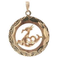 Large 10k Yellow Gold Diamond Cut Capricorn Zodiac Medallion Charm Pendant