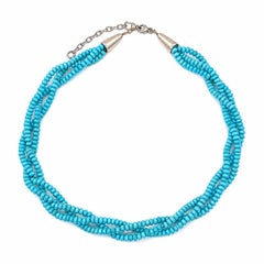 Silver Tone Metal Multi Strand Braided Bead Turquoise Adjustable Necklace
