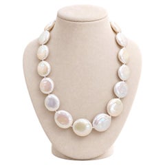 Graduated Round Button Coin Freshwater Pearls Strand Necklace Silver Hook Clasp
