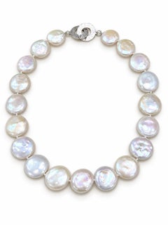 Graduated Round Button Coin Freshwater Pearls Strand Necklace Silver Hook Clasp