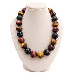 18mm Blue, Brown & Yellow Tiger's Eye Strand Necklace w/ Sterling Silver Clasp