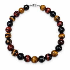18mm Blue, Brown & Yellow Tiger's Eye Strand Necklace w/ Sterling Silver Clasp