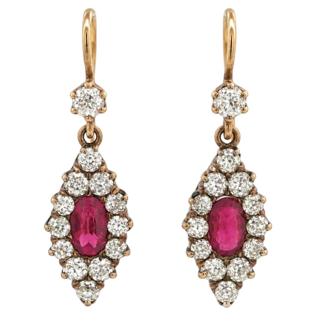 Antique Victorian Yellow Gold GIA Ruby Old Diamond Navette Dangle Drop Earrings