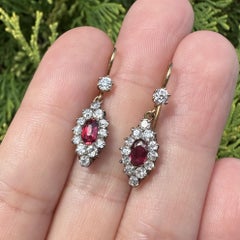 Antique Victorian Yellow Gold GIA Ruby Old Diamond Navette Dangle Drop Earrings
