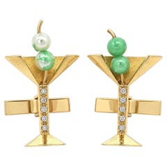 Vintage-Manschettenknöpfe im „Dirty Martini“-Stil aus massivem Gelbgold mit Perlen und diamantbesetztem, drehbarem Stiel