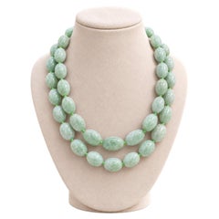 Mottled Green Jade Barrel Bead Strand 37" Long Necklace w/ Sterling Silver Clasp