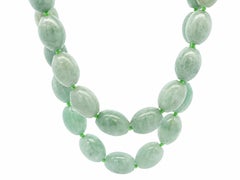 Mottled Green Jade Barrel Bead Strand 37" Long Necklace w/ Sterling Silver Clasp