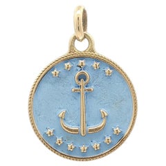 Vintage Yellow Gold Hand Painted Blue Nautical Anchor Charm Pendant