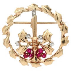 Vintage Retro Gold & Palladium Ruby Diamond Holiday Candle in Wreath Brooch Pin