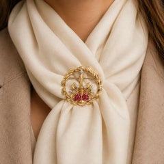 Vintage Retro Gold & Palladium Ruby Diamond Holiday Candle in Wreath Brooch Pin