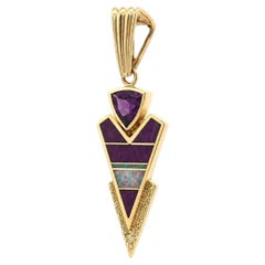 Ray Tracey Navajo 14k Yellow Gold Amethyst Sugilite & Opal Arrowhead Pendant