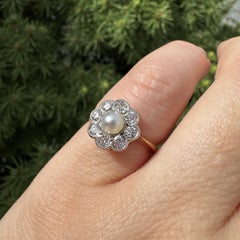 Antique Edwardian Gold w/ Palladium Top Pearl & Diamond Cluster Flower Ring
