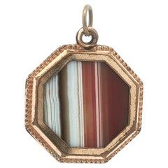 Victorian Gold Filled Reversible Banded Mottled Agate Octagon Watch Fob Pendant