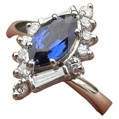 Solid Platinum 1ctw Marquise Sapphire Baguette & Round Diamond Frame Ring