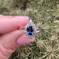 Solid Platinum 1ctw Marquise Sapphire Baguette & Round Diamond Frame Ring
