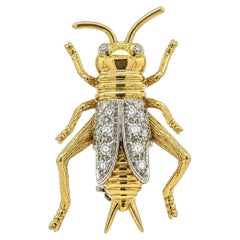 Vintage Solid Gold Single Cut Diamond Detailed Grasshopper Cricket Brooch Pin