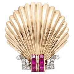 Large Vintage Retro Gold Palladium GIA Burma Ruby Diamond Shell Fur Clip Brooch