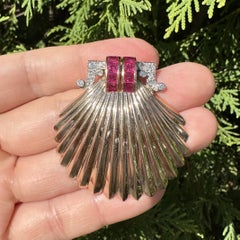 Large Vintage Retro Gold Palladium GIA Burma Ruby Diamond Shell Fur Clip Brooch