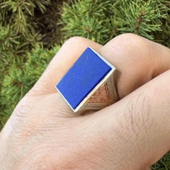 Antique 10k White & Rose Gold Lapis Solitaire Hand Engraved Large Rectangle Ring