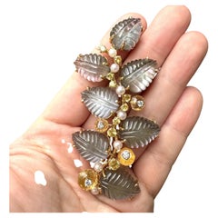 Seaman Schepps Gold Carved Quartz Citrine Diamond Sapphire Large Leaf Brooch