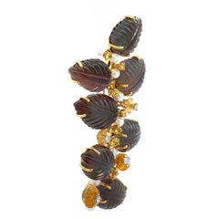 Seaman Schepps Gold Carved Quartz Citrine Diamond Sapphire Large Leaf Brooch